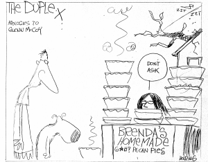 When part of a pecan tree fell on the other side of the duplex I lived in, causing a power surge, John drew this to make me feel better. Cartoon by John Deering