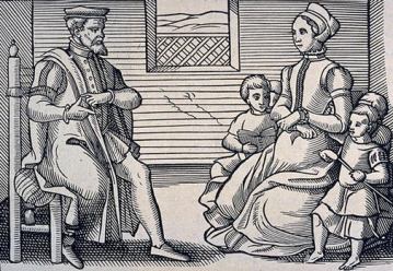 A typical  Puritan family household in the 16th Century, free of such abominations as Christmas. Image from History for Kids.