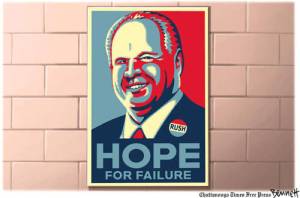 If you're hoping for Rushbo's failure, keep hope alive. His advertisers aren't. Cartoon by Clay Bennett, Chattanooga Times-Free Press.
