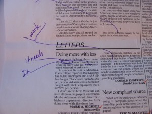 A proof after my first read. You'll notice I don't adhere to the stereotype of the red pen. It's easier to make jokes about purple prose if your pen is actually purple.