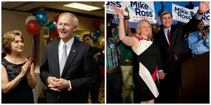 Images by The Associated Press. (left) Asa Hutchinson is applauded by his wife Susan and others as early vote totals are announced at his election watch party in Little Rock. (right) Former congressman Mike Ross and his wife Holly celebrate in Little Rock after winning the statewide Democratic primary election in the race for Arkansas governor.