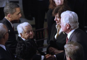 President Barack Obama shakes hands with Victoria Kennedy  as husband Sen. Edward Kennedy shakes hands with Sen. Robert Byrd  during the luncheon after Obama's inauguration on Jan. 20, 2009. Image by Harry Hamburg-Pool/Getty Images.