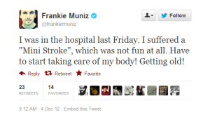 Frankie Muniz's tweet after his first stroke. Image found on Crushable.