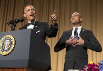 Perhaps Obama's next job will be stand-up ... he held his own with Keegan-Michael Key (as Luther, Obama's anger translator). Image by Joshua Roberts, Reuters, via Daily Kos.