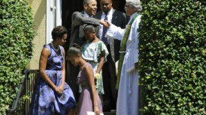 Why, look, the Obama family is leaving church after a Sunday service, and neither they nor the church spontaneously combusted!!! Image found on CNN religion blog.