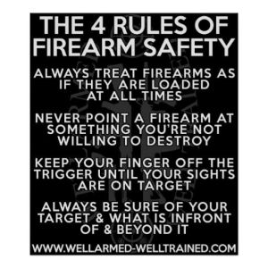 Here's what we learned in gun-safety courses in 4-H ... strange ... it doesn't appear that "have as many guns as possible so you feel safe (but everyone else doesn't)" is on there. Image found on Pinterest.