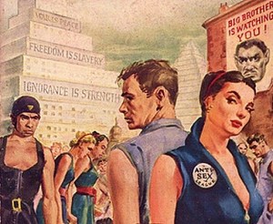 I've yet to see these things come to pass, but people still are just that paranoid. Detail of Signet Books 1955 edition of George Orwell's 1984 found on The International Chronicles.