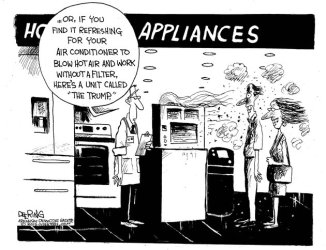 Side note: The hot air line? Mine. Man, I love working with John. Editorial cartoon by John Deering.