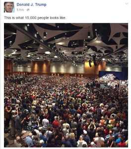 On Facebook, The Donald swore there were 15,000 people here, despite the fact that the people who actually counted said it was less than a third of that. Image found on DailyKos.