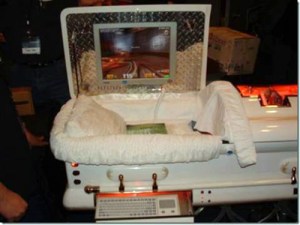 Or for the mouse potato in your life, there's this computer coffin to help while away the hours waiting for rescue. Image found on io9.