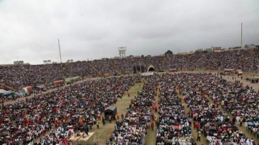 Peruvian prayer rally for Li'l Kimmy? Not so much; more like a 2014 Worldwide Missionary Movement convention in Peru. Awwww, sorry, Kimmy! Image found on Talking Points Memo.
