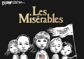 The point is that the debt is very large, and no one person can be blamed for it. Editorial cartoon by Steve Breen, San Diego Union-Tribune.