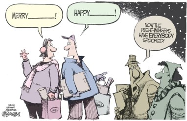 I dare you to say "Happy Festivus!" Editorial cartoon by Jim Borgman, Cincinnati Enquirer.