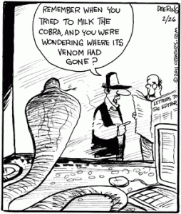 Step away from the cobra, buddy! Strange Brew by John Deering.