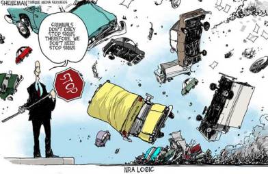 Criminals don't obey the laws, so we don't need laws! C'mon, it makes perfect sense! Editorial cartoon by Drew Sheneman.