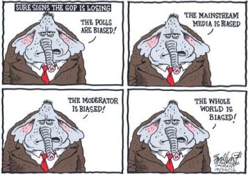 And if you're not nice to me and do everything I want, then you're biased too! Editorial cartoon by Bob Englehart, Hartford Courant.