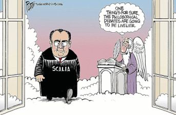 I just hope God doesn't try to get in the last word ... Editorial cartoon by Bruce Plante, Tulsa World.