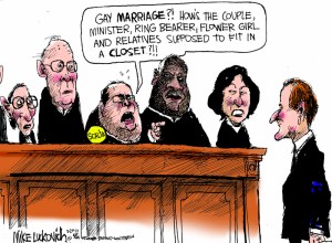 That's just nuts! Why can't they just marry people they barely tolerate like the rest of us? Editorial cartoon by Mike Luckovich, Atlanta Journal-Constitution.