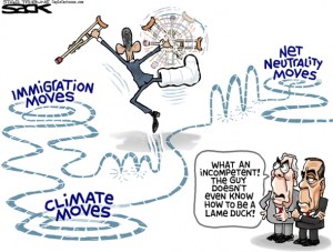 How dare a president try to accomplish anything in his last term! Editorial cartoon by Steve Sack, Minneapolis Star-Tribune.