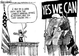 Yea! Proper use (shortly after the 2008 election) of the lame duck idea! Editorial cartoon by Mike Luckovich, Atlanta Journal-Constitution.