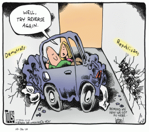 As long as we listen only to what we like to hear, I'm sure we'll get out of here! Editorial cartoon by Tom Toles, Washington Post.