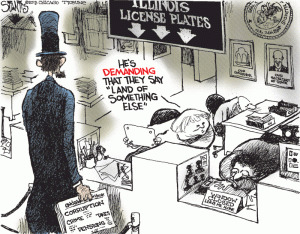 Next he plans to take on the "party of Lincoln" ... Editorial cartoon by Scott Stantis, Chicago Trubune.