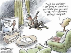 Naw, he won't do that till Jan. 19, 2016! Editorial cartoon by Nick Anderson, Houston Chronicle.