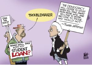 No, Thomas Jefferson didn't say this, so stop saying he did. Editorial cartoon by Randy Bish, Pittsburgh Tribune-Review.