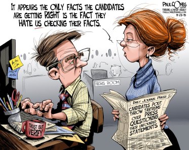 Shame on fact-checkers for calling politicians on their crap! Editorial cartoon by Paul Combs, Tribune Content Agency.
