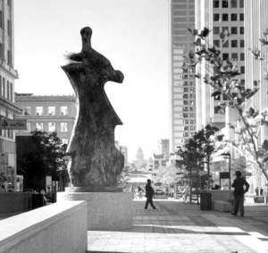 When I first started working at the paper, I could look down the street and see this. When the pedestrian mall on Capitol Avenue was reopened for traffic, Large Standing Figure: Knife Edge was moved to a new location in Little Rock. Image found on henry-moore.org.