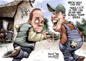 Better wear your hip boots, son. Editorial cartoon by Paul Combs, Tribune Content Agency.