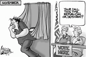 There really should be barf bags in the booths ... Editorial cartoon by Chan Lowe, Tribune Content Agency.