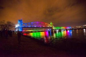 The Junction Bridge across the Arkansas River between Little Rock and North Little Rock was rainbow-lit on June 26, 2015, after the Supreme Court ruling.  Image found on tourdestfu.