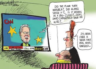 I'm going with the alien theory. Editorial cartoon by Mike Luckovich, Atlanta Journal-Constitution.