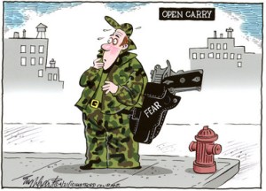 But if I don't open-carry, how will people know what my irrational fears are???? Editorial cartoon by Bob Engelhart, Hartford Courant.