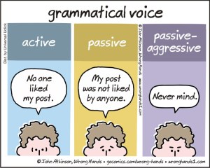 A short lesson in voice. I deal a wee bit too much with that last one; it's exhausting! Wrong Hands cartoon by John Atkinson.