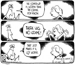 And yet so many people think she should have been in prison orange years ago (and a few apparently think she was there already). Editorial cartoon by Tom Toles, Washington Post.