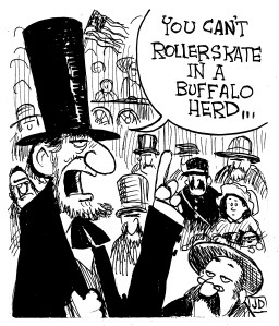 Obviously, Roger Miller was cribbing his lyrics from Honest Abe. "Dang me" came from the notes Lincoln threw out for the Gettysburg Address, I hear. Awesome illustration by John Deering. See if you can spot Luke and me.