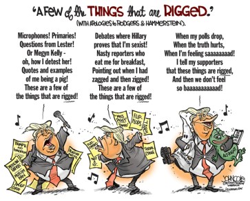 Of course it's all rigged ... he should be winning bigly! Editorial cartoon by John Cole, Scranton Times-Tribune.