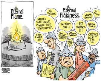 Oh, those tin-foil hats are to die for ... and I have the urge to tell them I sneezed on the roll. Editorial cartoon by John Cole, Scranton Times-Tribune.