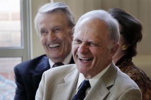David Pryor (right) and Dale Bumpers laughing at the Governor's Mansion in 2013. Nice old guys. Image by Danny Johnston, AP, found on Helena Independent Record.