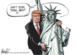 No, Donnie that plaque says "your huddled masses," not "grab my ass, man." Editorial cartoon by Darrin Bell, 