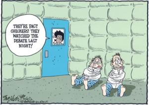 They have the padded room reserved through Nov. 9. Editorial cartoon by Bob Englehart, Hartford Courant.
