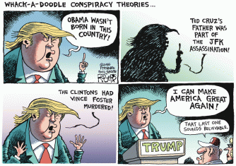 And the media is to blame ... for enabling this clown. Editorial cartoon by Rob Rogers, Pittsburgh Post-Gazette.