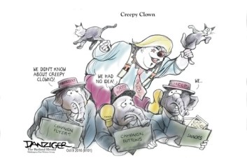 Have I said lately how much I hate clowns? And unhand those pussycats! Editorial cartoon by Jeff Danziger, New York Times.