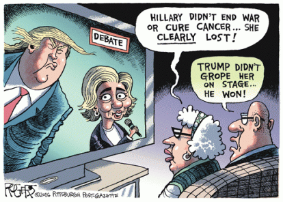 The fact that he didn't grope her is clearly a victory for Hillary. Editorial cartoon by Rob Rogers, Pittsburgh Post-Gazette.