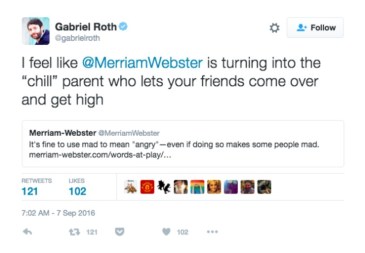 Dang, Roth! Language evolves; deal with it! Image found on What's Trending.