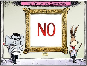 To compromise is weakness, so we'll die before we compromise! Editorial cartoon by Chris Weyant, The Hill.