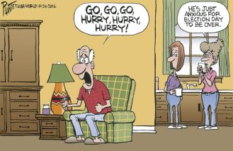 Anything to make it stop! Editorial cartoon by Bruce Plante, Tulsa World.