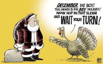 Dang it, Santa ... can you not wait one freakin' day? Editorial cartoon by Randy Bish, Pittsburgh Tribune Review, found on The Wondrous.
